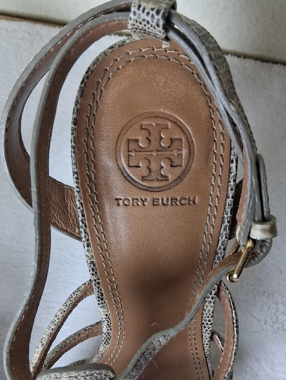 Tory Burch Neutral Snake-Print Strappy Heels